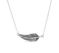 Native American Style Bohemian Boho Sideways Diagonal Feather Leaf Pendant Necklace Western Jewelry For Women For Teen Oxidized .925 Sterling Silver