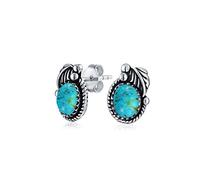 Native American Style Stabilized Turquoise Gemstone Oval Bezel Leaf Rope Edged Stud Earrings Western Jewelry For Women Oxidized .925 Sterling Silver