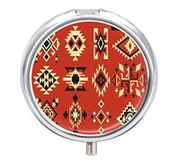 Native American Tribal Ethnic Elements Vector Pattern on Red Board Iron Pill Box Case Organizer with Internal Separate Plastic Dividers, Travel Small Medicine Bag Holder Carrier Round Container
