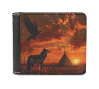 Native American Tribes Sunset Eagle Wolf PU Leather Wallets Stylish Bifold Wallet Slim Front Pocket Credit Card Holder for Women Men