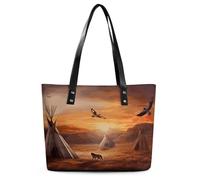 Native American Tribes Tote Bag Large Soft Leather Purse with Zipper Lightweight Ladies Shoulder Handbag