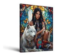 Native American Wall Art Indian Girl with Wolf Wall Decor Indian Warrior Woman Picture Frame Indian Women Canvas Print Stained Glass Painting Poster Home Living Room Decoration(16x20 inches)