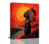Native American Wall Art Indian Tribe Wall Decor Feather Canvas Pictures Vintage Landscape Paintings Prints Traditional Artwork Framed Decorations For Bathroom Bedroom Living Room Office Gifts 12" x