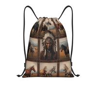 Native American With Feathers, Horse Gallery Women Men Gym Sack Durable Drawstring Backpack Waterproof Drawstring Bag For Yoga Climbing Swim