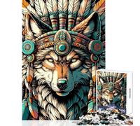 Native American Wolf in Headdress 1000 Piece Jigsaw Puzzles Strengthen Cognitive Ability And Skill Soothing Serene Leisure Play (38x26cm)