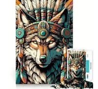 Native American Wolf in Headdress Jigsaw Puzzle for Teenagers 1000 Pieces Memory Gain Calm Relax Design Assembly Classic Gift (38x26cm)