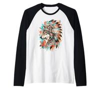 Native American Wolf Indian Chief Feather Headdress Raglan Baseball Tee