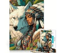 Native American Woman And Wolf Jigsaw Puzzles for Adults1000 Piece Mind Exercise Toy Indoor Fun Precision Cut (50x75cm)