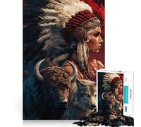 Native American Woman, Bison, And Wolf Hard Jigsaw Puzzle for Adults 1000 Pieces Strong Logic Toy Bonding Time Clear Edge (38x52cm)