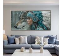Native American Woman Diamond Art Kits Adults Large 5D Wolf Diamond Painting Kits, DIY Full Drill Crystal Art Craft Rhinestone Embroidery Cross Stitch for Adults 118x39.4 Inch/300x100 cm -LR682