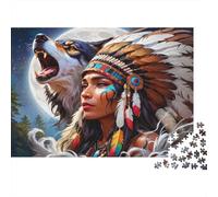 Native American Woman Hard 1000 Piece Puzzle for Adults Maiden And Wolf Beneath Bright Full Moon Glow Premium Sturdy Vibrant Challenging Stress Relief 52x38cm/1000pcs