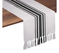 Native Fab Black Stripe Table Runner - 72 Inches Long Boho Table Covers with Fringes - 100% Cotton, Braided Weave, Non Slip Tablerunner for Dining Room, Dresser, Events, 14"x72" - Black and White