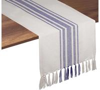 Native Fab Blue Stripe Table Runner - 72 Inches Long Boho Table Covers with Tassels - 100% Cotton, Tight Weave, Non Slip Tablerunner for Dining, Kitchen, Dresser, Wedding, 14"x72" - Blue and White