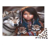 Native Girl with Wolves 1000pc Jigsaw of Eco-friendly Board Colourful Jigsaws As A Fun And Challenging Family Game for Collectible Art 52x38cm/1000pcs