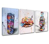 Native Home Decor Banksy Graffiti Street Art Pictures Cola Bottle Paintings Hamburger Artwork 3 Panels Canvas Wall Art Living Room Home Modern Decor Framed Giclee Ready to Hang(42''W x 20''H)