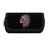 Native Indian Chief Skull Cute Double Pencil Case Large Capacity Portable Pen Pouch with Zippered