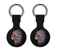 Native Indian Chief Skull Funny GPS Cases Holder with Key Chain Ring Protective Cover Compatible with Airtag 2PCS