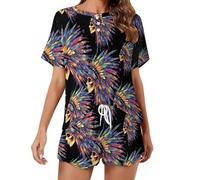Native Indian Chief Skull Printed Pajama Set for Women Soft Cute Short Sleeve Summer Sleepwear 2 Piece S
