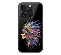 Native Indian Chief Skull Printed Phone Case Unisex Cute Trendy Glass Cellphone Protective Cover Compatible with iPhone 15/15 Pro/15 Pro Max/15 Plus