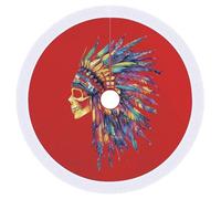 Native Indian Chief SkullVintage Christmas Tree Skirt with Tassel Colored Large Xmas Tree Mat Holiday Winter Indoor Decor