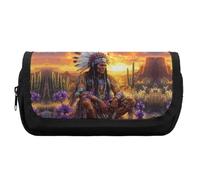 Native Indian Chief Sunset Cute Double Pencil Case Large Capacity Portable Pen Pouch with Zippered