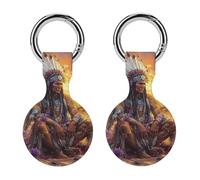 Native Indian Chief Sunset Funny GPS Cases Holder with Key Chain Ring Protective Cover Compatible with Airtag 2PCS
