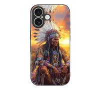 Native Indian Chief Sunset Printed Phone Case Unisex Cute Trendy Glass Cellphone Protective Cover Compatible with iPhone 17/17 Pro/17 Pro Max/17 Air