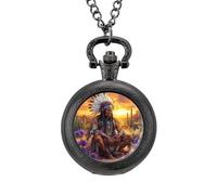 Native Indian Chief Sunset Vintage Pocket Watches Roman Numerals Quaretz Watch with Chain Christmas Birthday Gifts Black-Style