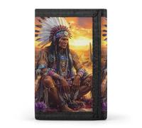 Native Indian Chief Sunset Wallet for Men Slim Minimalist Tri-fold ID Window 9-13 Cards