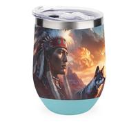 Native Indian Chief Wolf Funny Thermal Mug with Lid 12oz Reusable Coffee Mugs Insulated Eggshell Cup Wine Tumbler