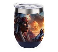 Native Indian Chief Wolf Funny Thermal Mug with Lid 12oz Reusable Coffee Mugs Insulated Eggshell Cup Wine Tumbler
