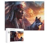 Native Indian Chief Wolf Funny Wooden Puzzle Adults Difficult Jigsaw Puzzles with Storage Box for Family Game Birthday Gift