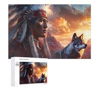 Native Indian Chief Wolf Funny Wooden Puzzle Adults Difficult Jigsaw Puzzles with Storage Box for Family Game Birthday Gift