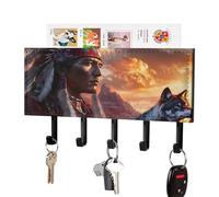 Native Indian Chief Wolf Leather Key Holder for Wall Decorative with 5 Hooks & Mail Organizer Entryway Keys Rack