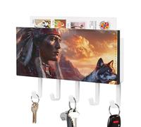 Native Indian Chief Wolf Leather Key Holder for Wall Decorative with 5 Hooks & Mail Organizer Entryway Keys Rack