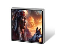 Native Indian Chief Wolf Print Square Badge Metal Decorative Brooches 0.7 Inch Funny Lapel Pin Gift for Backpack Clothing