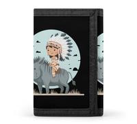 Native Indian Riding on Wild Boar Tri-fold Leather Wallet for Men with Slim Wallets for Men with 1 ID and 8 Slots