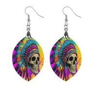 Native Indian Skull Fashion Wooden Earrings for Women | Lightweight Boho Dangle Drop Earring Charms Trendy Jewelry Gift