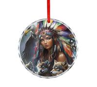 Native Indian U.S. Women Wolf Christmas Hanging Ornaments Crystal Glass Round Pendant Gifts for Xmas Trees Home Offices
