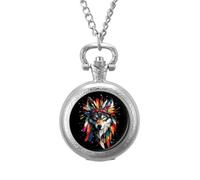 Native Indian Wolf Colorful Vintage Pocket Watches Roman Numerals Quaretz Watch with Chain Christmas Birthday Gifts Silver-Style