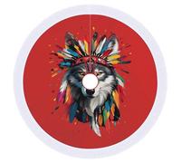 Native Indian Wolf ColorfulVintage Christmas Tree Skirt with Tassel Colored Large Xmas Tree Mat Holiday Winter Indoor Decor