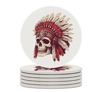 Native Indians Skull Cute Ceramic Coasters for Drinks Round Coaster Set with Cork Base Coffee Table Decor 6PCS