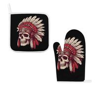 Native Indians Skull Printed Oven Mitts And Pot Holders Sets Thick High Heat Resistant Kitchen Oven Glove for Cooking