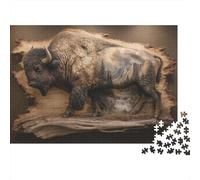 Native Landscape Bison Woodcarving Jigsaw Puzzles. 1000pcs (75x50cm) Oil Painting Art Whimsical Challenge Toy for Educational Games Gifts