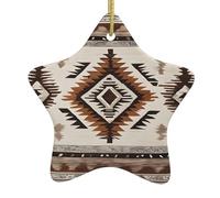 Native -Print Christmas Ceramic Star Ornaments - Handmade Ceramic Holiday Decor With Gold String For Tree Home Festival.