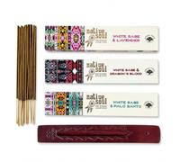 Native Soul Incense Smudge Sticks Gift Set, White Sage & Lavender, Dragon's Blood & Palo Santo, with Wooden Holder, 30 Sticks wooden holder and postcard
