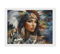 Native U.S.A. Woman Wolf Funny Diamond Art Kits for Adults Round Full Drill Picture Home Wall Decor