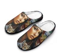 Native U.S.A. Woman Wolf Women's Cotton House Slippers | Memory Foam Slippers Closed Toe Slip On Home Shoes for Indoor Outdoor