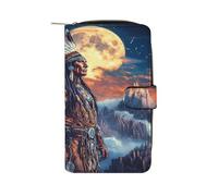 Native U.S. Chief Moon Leather Wallet Cloth Long Clutch with 12 Card Holder Handbag for Men Women