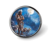 Native U.S. Indian Man Wolf Castle Unisex Novelty Brooches & Pins Round Metal Lapel Badge for Clothing Shawl Hat